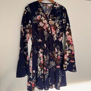 SHEIN Navy Floral Bell Sleeve Mini Dress Size Small (US 4) EUC